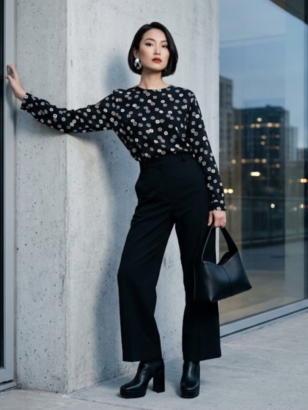 Evan Picone Black White Floral Long Sleeve Blouse Size 12